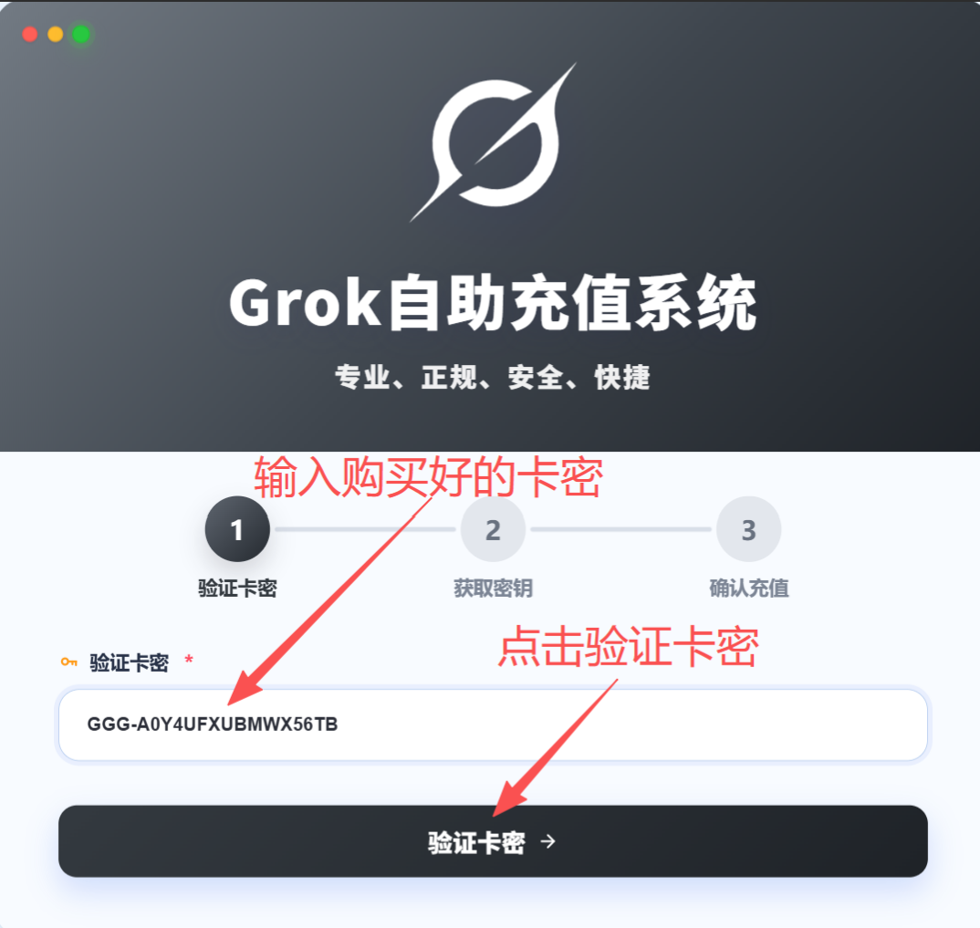 Grok充值步骤3：验证卡密